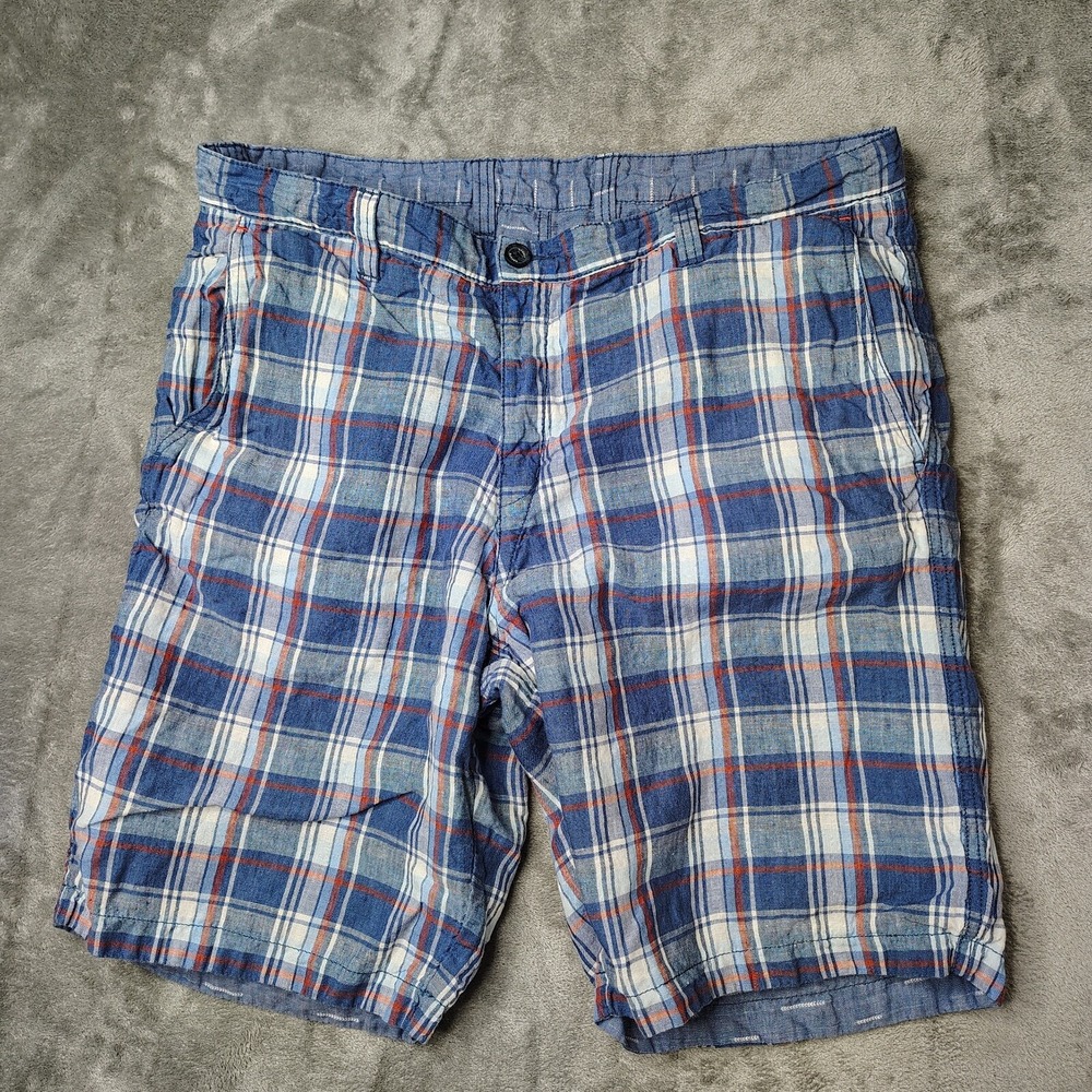 Tommy Bahama Reversible Shorts Mens 36‎ Blue Plaid Pattern 100% Linen Casual